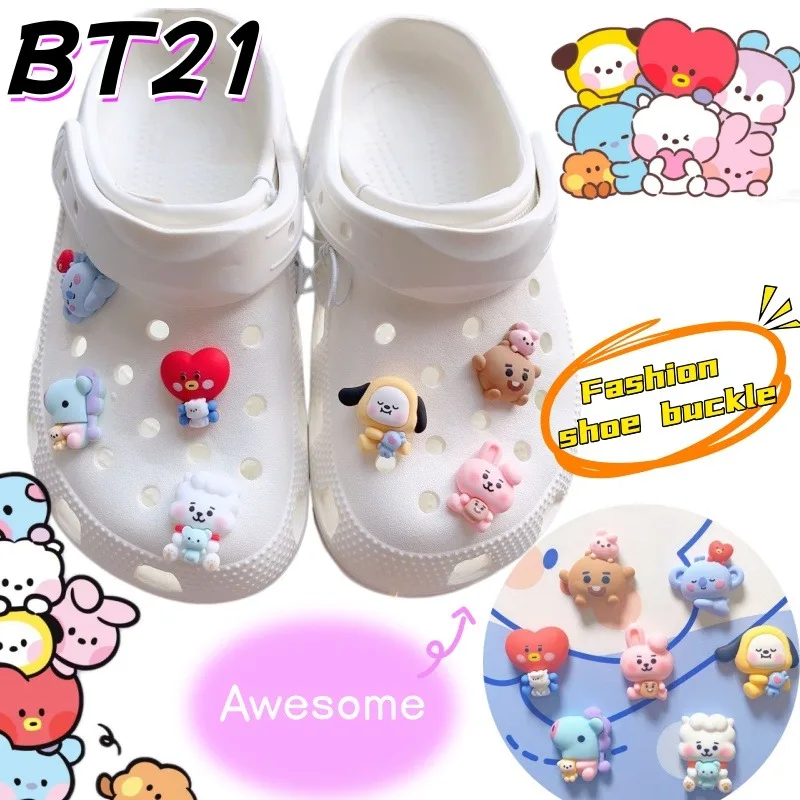 Supply Florist - 新登場！BT21のクッキーホールDIYクリエイティブアクセサリー。かわいい漫画風のシューキー、マンギー、チミーの靴用バックル。3Dの靴用花飾りで、取り外し可能。